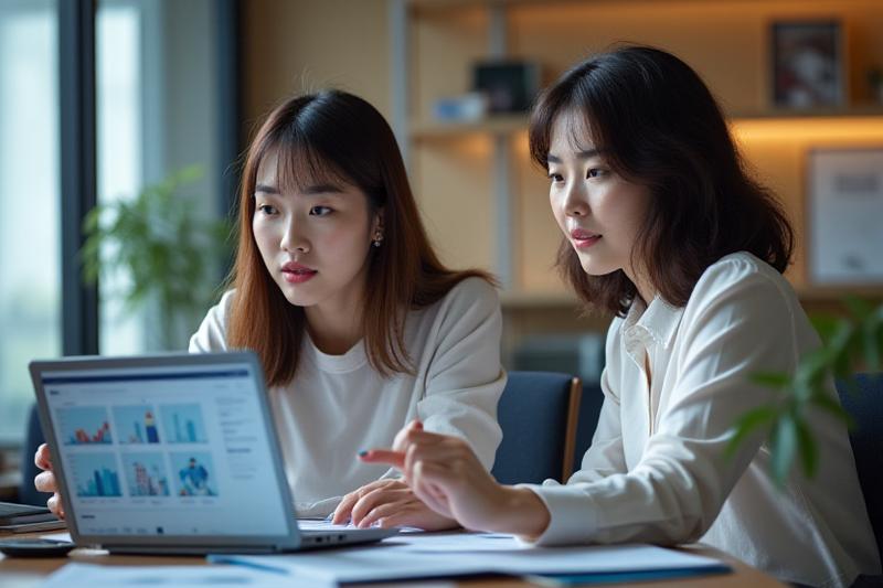 랩톱 앞에서 열정적으로 디지털 마케팅 전략을 논의하는 두 명의 한국 여성.